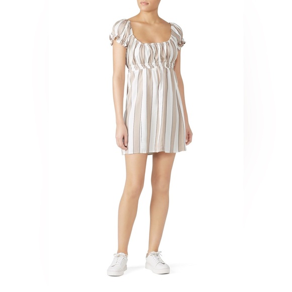 CAPULET Gracie Mini Dress Tan White Stripes Scoop Neck Puff Sleeves‎ size small - Picture 1 of 14